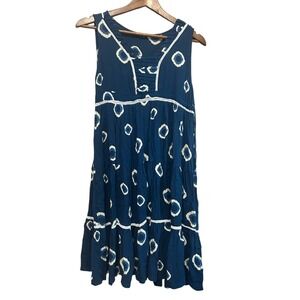 Zudio‎ Navy Blue Boho Tiered Dress White Circle Print Sleeveless Summer Medium